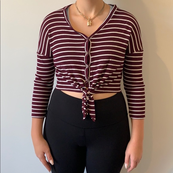 Purple Striped Ribbed Henley Crop Top - Picture 1 of 2